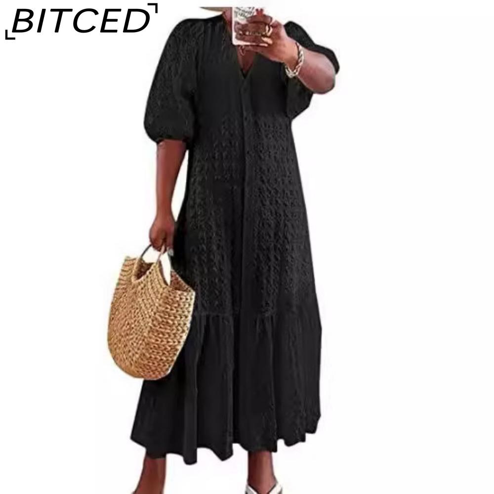 

BITCED Летняя женская туника с оборками и V-образным вырезом, на пуговицах, с тонкими рукавами-фонариками, повседневная свободная длинная рубашка размера плюс XXXXXL чёрный