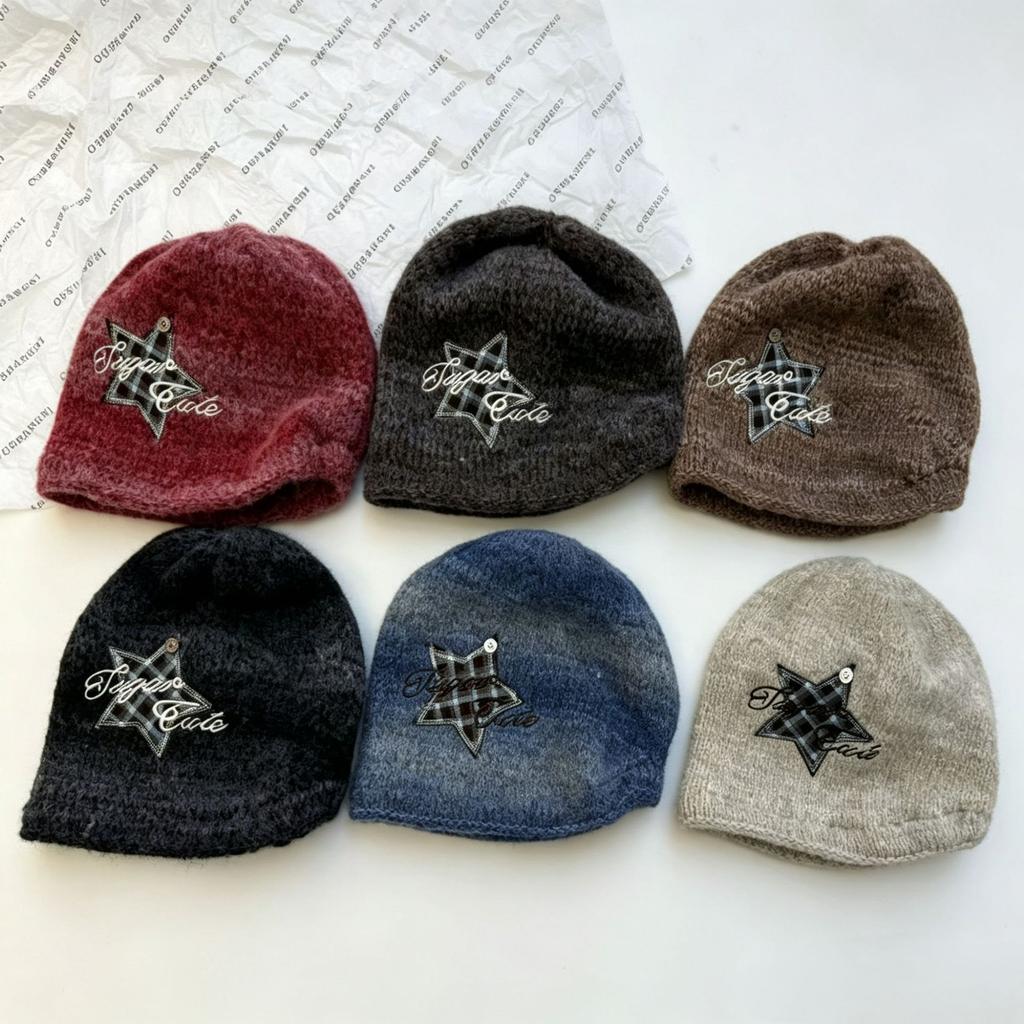 New Classic Embroidered Five-pointed Star Knitted Hat Thickened Thermal Pullover Hat Autumn and Winter Cold Hat Street Trend