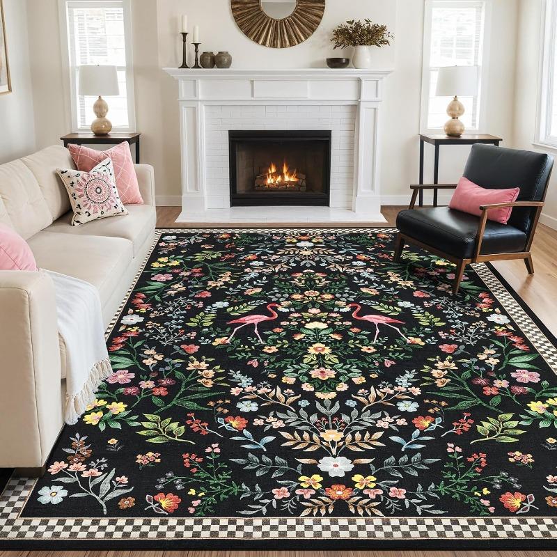 Floral Plaid Print Living Room Carpet Large Area Machine Washable Rugs Non Slip Backing Sofa Coffee Table Floor Mat Bedroom Rug