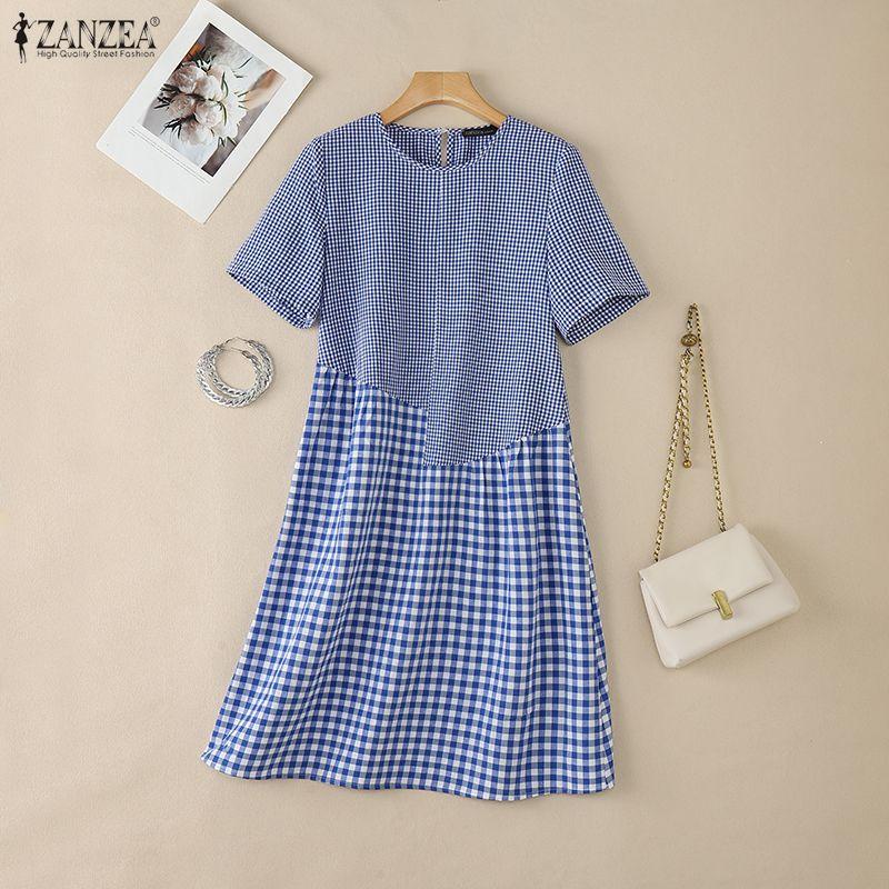 ZANZEA Women Casual Round Neck Short Sleeve Plaid Print Dress
