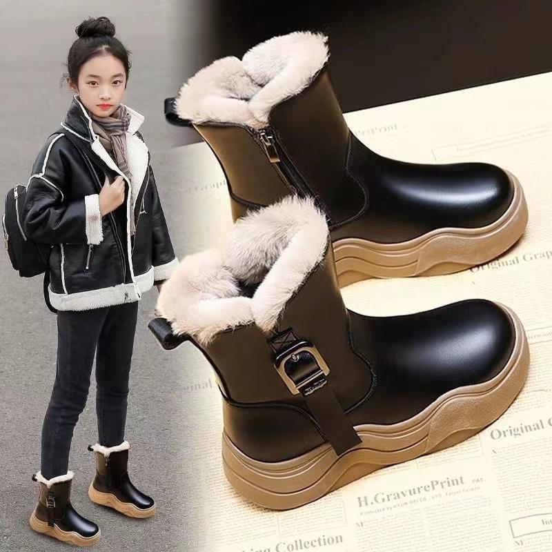 

Зимние ботинки из ПУ кожи для девочек, толстые теплые плюшевые ботинки для девочек-подростков, хлопковая обувь из искусственного меха для детей, водонепроницаемые сноубутсы 36 чёрный