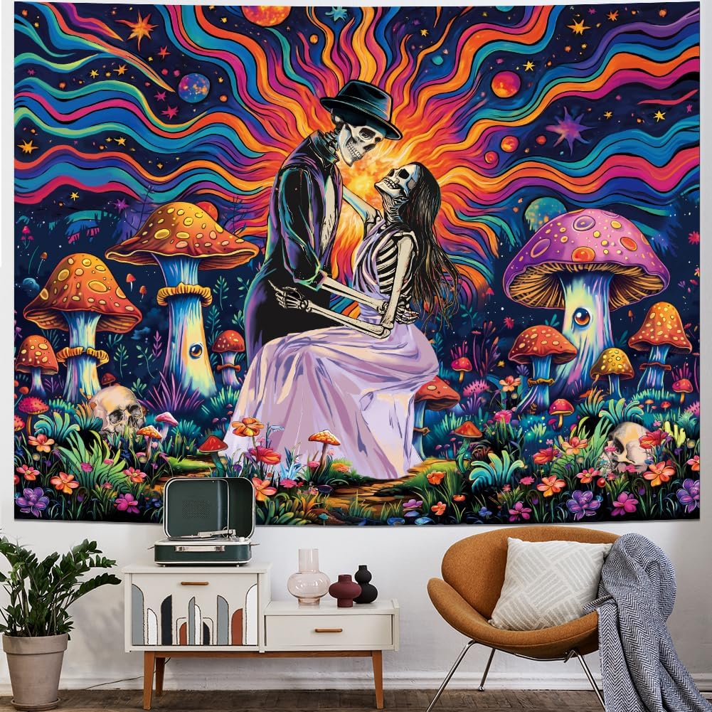 Heopapin Blacklight Skeleton Couple Tapestry UV Reactive The Lovers Skull Wall Hanging Tapestry Romantic Cosmos Galaxy Aesthetic Tapesties for Living
