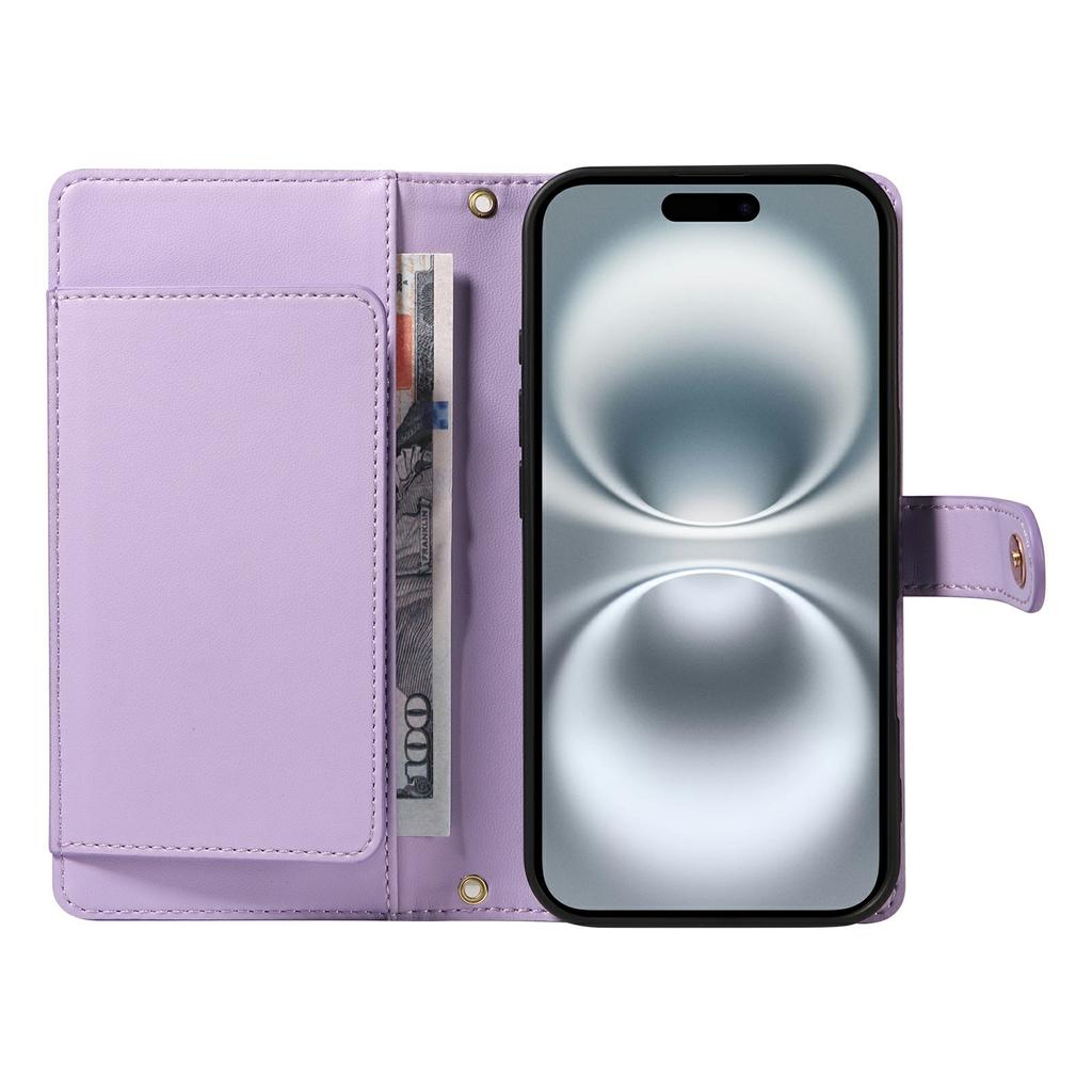 Pro iPhone 16 Peněženkové pouzdro s popruhy, Kosočtvercové kožené pouzdro na telefon se stojánkem