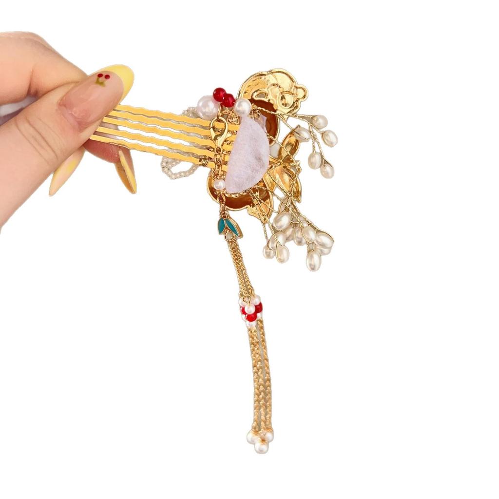 Persimmon Ruyi Xiuhe Tassel Hair Comb Ornament - Ancient Style Hairpin for Updos