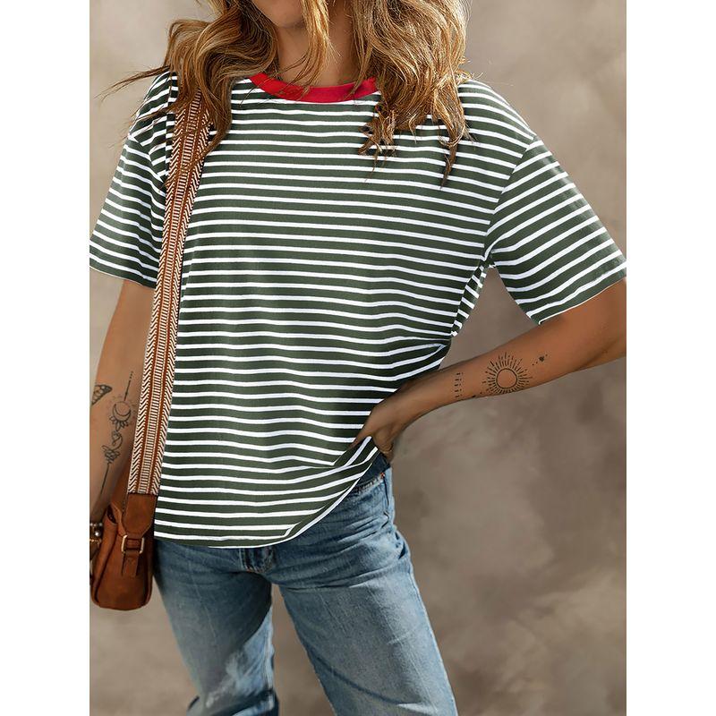 Acelitt Casual All-matching O-neck Pullover Women 2025 Summer New Stripe Print Short Sleeve T-shirt