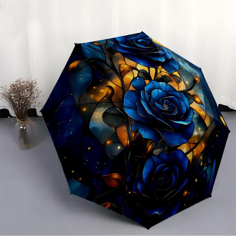 1pc Stained Glass Roses Automatic Open/Close Umbrella Compact Folding Umbrella, All-Season Portable Umbrella for Women/Men F1124089