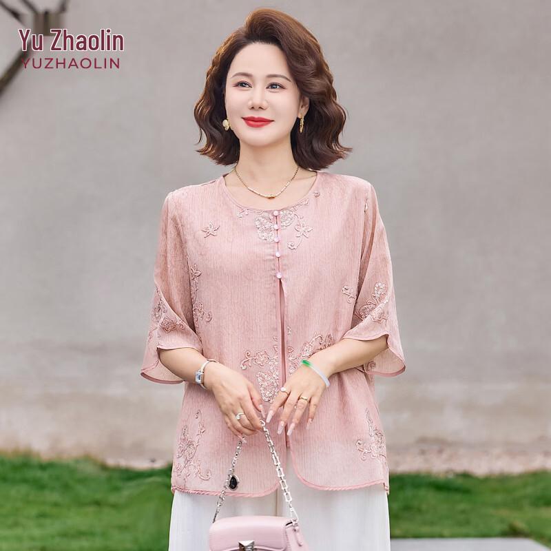YUZHAOLIN Middle-Aged Women s New Chinese Style Embroidered Faux Two-Piece T-Shirt 4XL