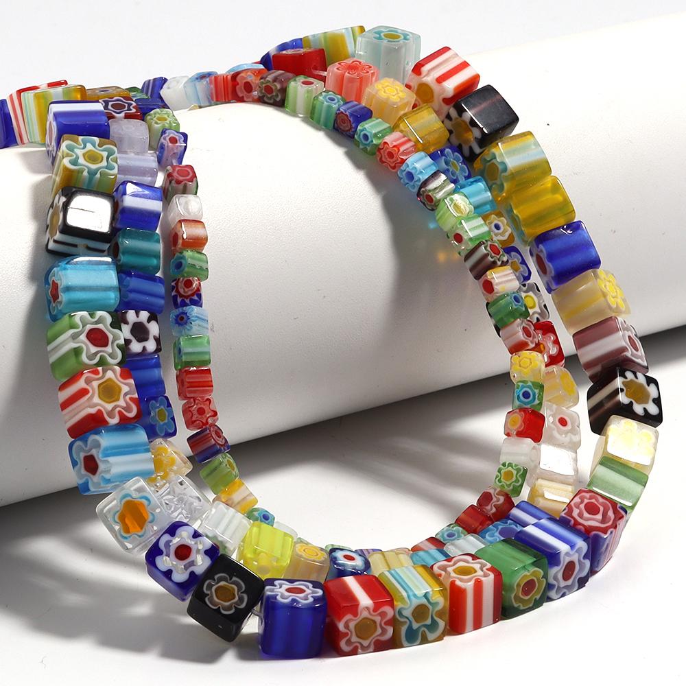 1 Strang Bunte Quadratische Blumen Lampwork Perlen 4-8mm Glas Lose Abstandshalter Perlen Für Schmuckherstellung Basteln DIY Armband Zubehör
