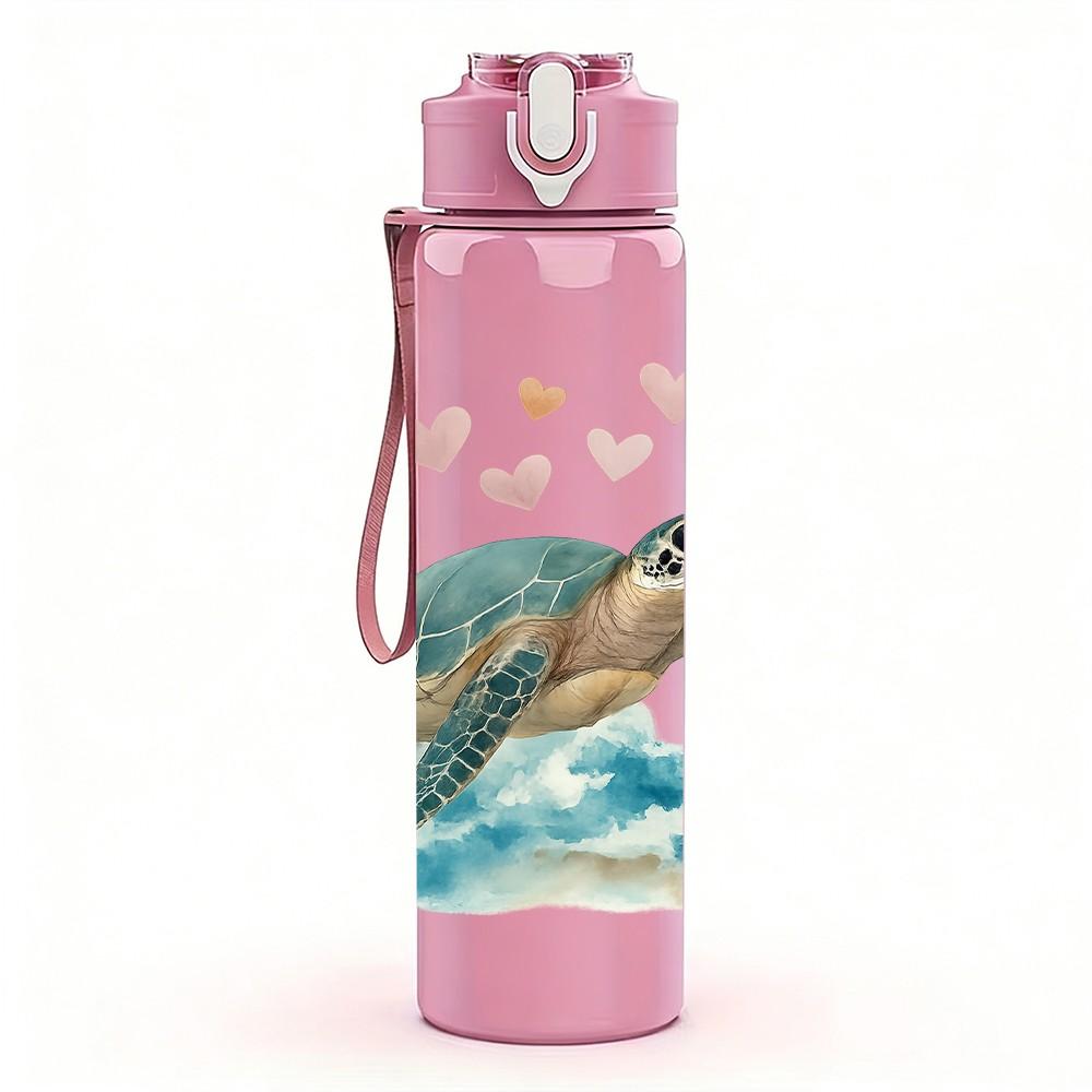 1PC Sea Turtle Heart Love Art Print 750ml Color Plastic Sports Water Bottle Leakproof Flip Straw Lid Suitable for Sports Office Home Use