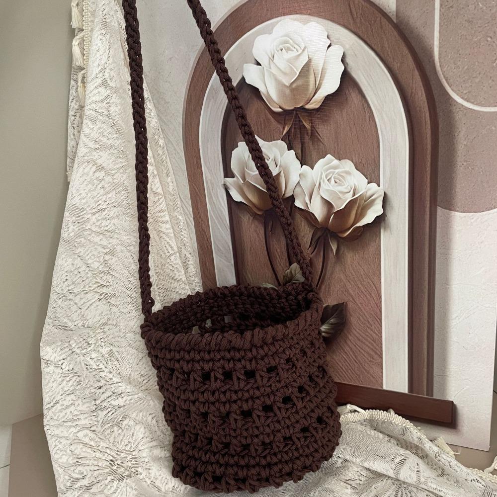 

Solid Color Crochet Tote Bag Braided Bucket Bag Cute Knitted Shoulder Bag Daily кофейный