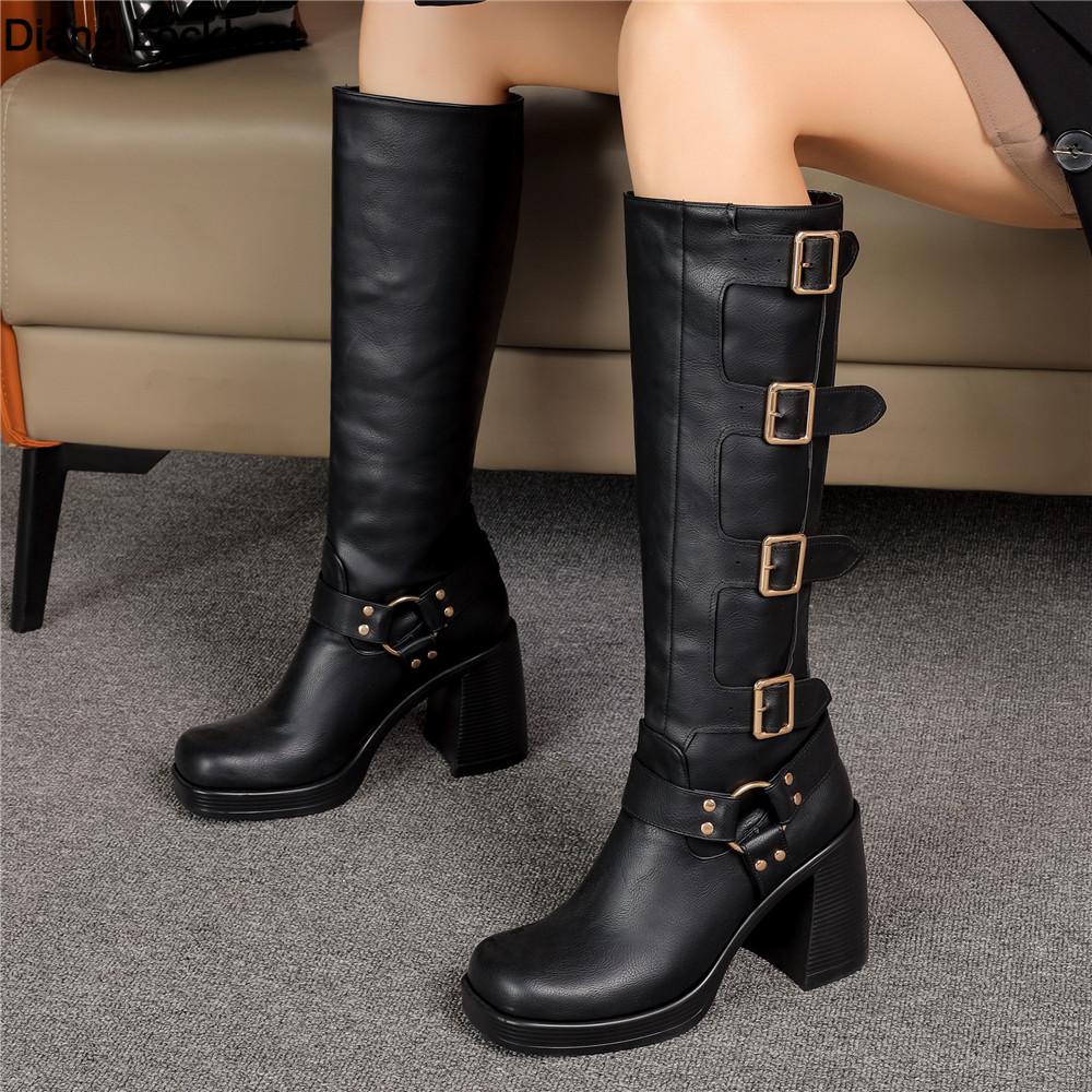 Fashion Ladies Motorcycle Booties Punk Style High Heel Shoes Autumn Winter Gothic Platforms Woman Buckle Square Toe Knee-High Boots