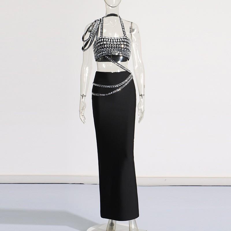 

Sexy Socialite Style Slim Two-piece Diamond-encrusted Shouldered Top + Hip High-waist Skirt Set XL чорний