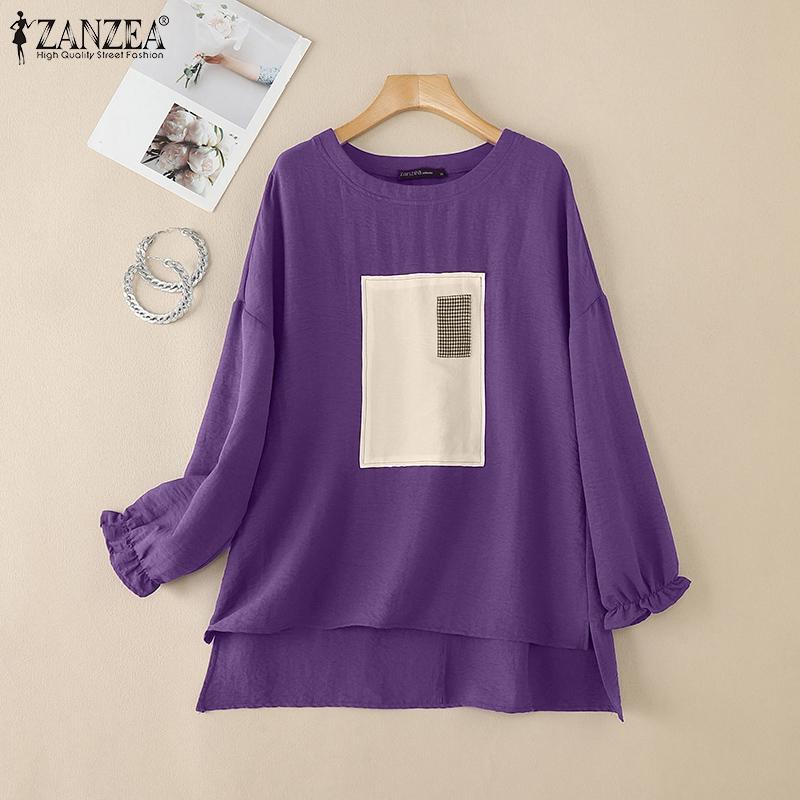 ZANZEA Dámská ležérní halenka s dlouhým rukávem a volným patchworkem do O