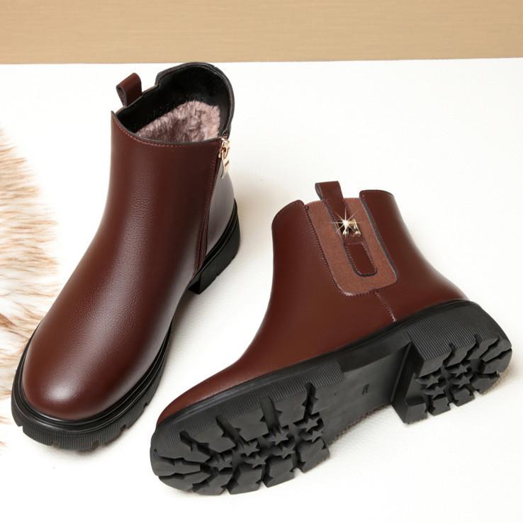Mom Cotton Shoes Thick Heel Women's Cotton Leather Shoes Soft Sole Middle Heel Short Boots Non-slip    and Elderly Women's Shoes Cotton Boots