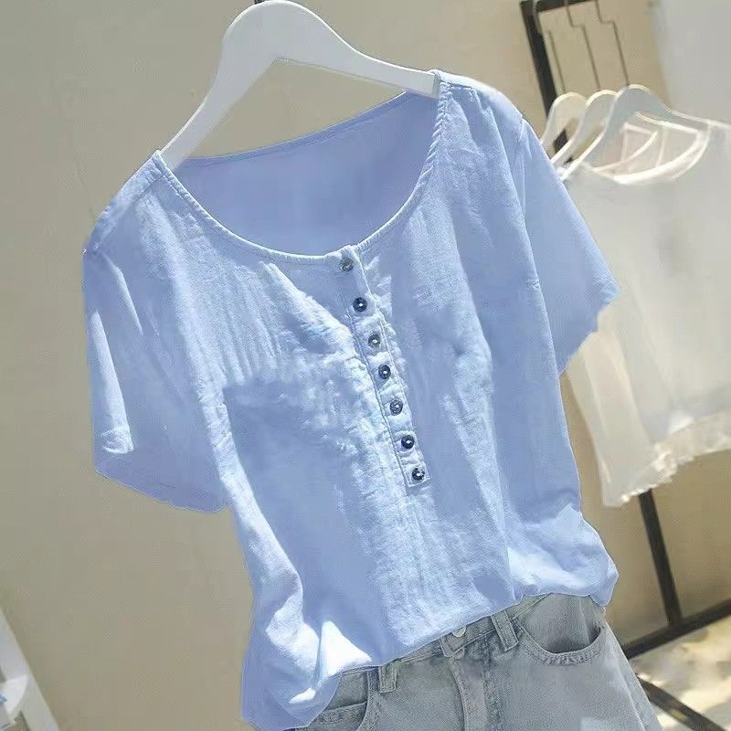 

New summer Korean version splicing T-shirt white short-sleeved ins loose and thin half-sleeved top cotton and linen XXXXL синій