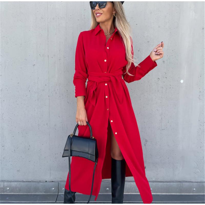 Women Solid Color Turn-Down Collar Dress Waist Lace-up Large Hem Single Breasted Shirt Ladies Maxi Dresses