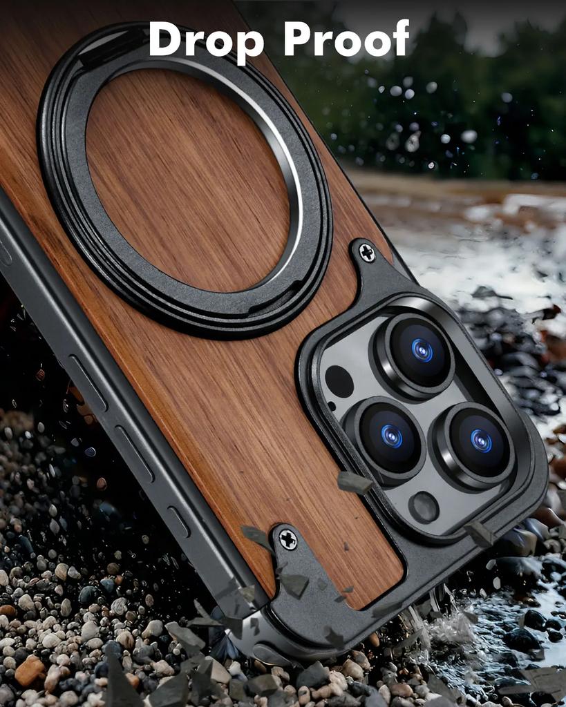 Oatsbasf Magnetic Phone Case for iPhone 16 Pro/16 Pro Max with 360°Rotatable Stand Wooden Protective Cover Wireless Charging