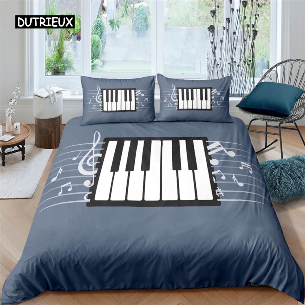 Piano Keys King Queen Duvet Cover 3D Cartoon Musical Notes Bedding Set for Kids Teens Adult Fashion Music Polyester Quilt Cover