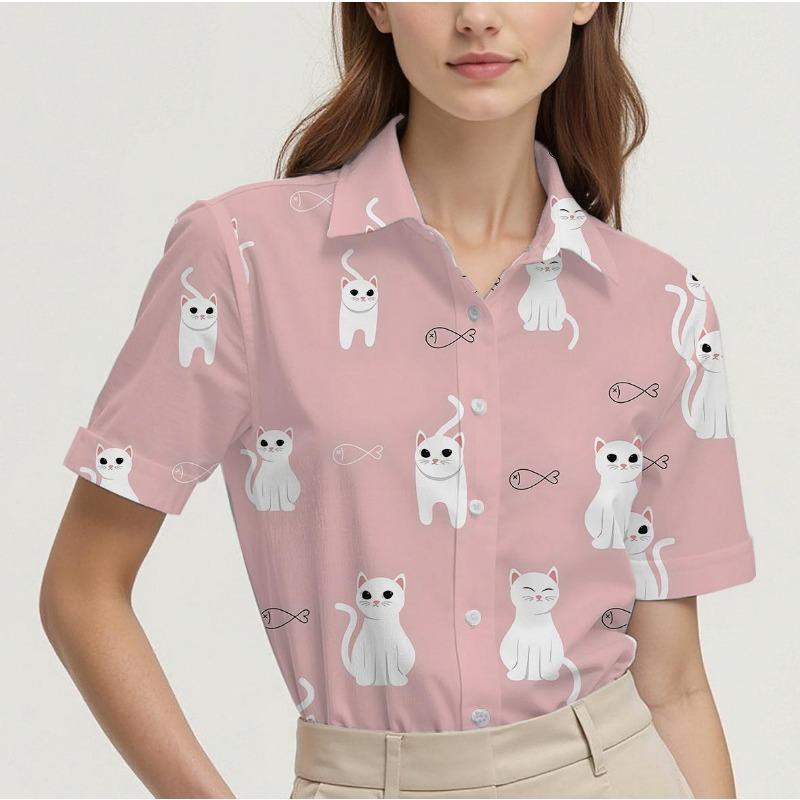 Short-sleeved Summer Shirt for Women with Cat Pattern Design, Breathable and Suitable for Everyday Wear, Fashionable and Casual