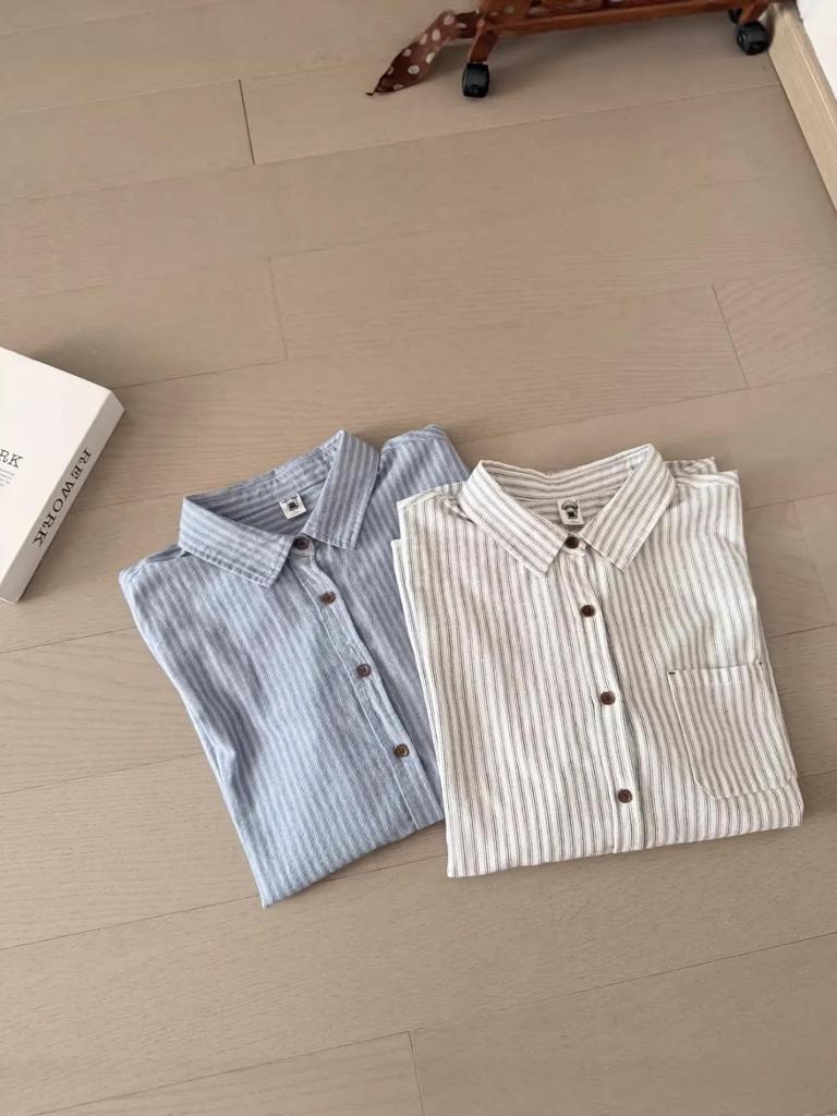 Korean Style Vertical Stripe Cotton Shirt - Retro, Casual, Slimming, Long-Sleeved, Age-Reducing