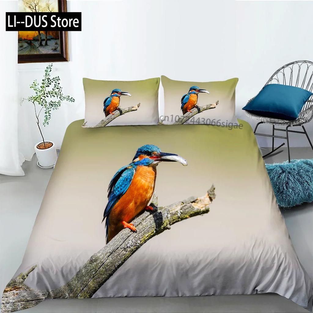 Kolibri påslakan Set King/Queen Storlek Liten Och Söt Tropisk Fågel Gul Blomma Gröna Blad Sängkläder Set Kvinnor