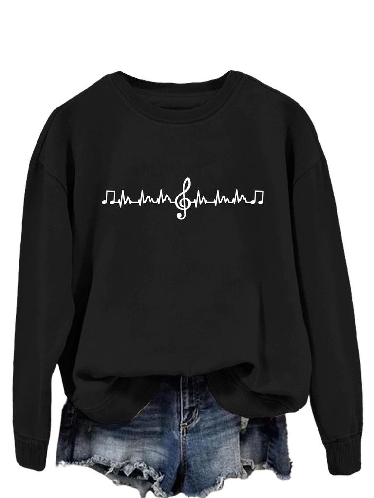 Avrupa & Amerikan Moda Sekizinci Nota Baskılı Çok Yönlü Yuvarlak Yaka Kapüşonlu Sweatshirt - Sonbahar Konforu