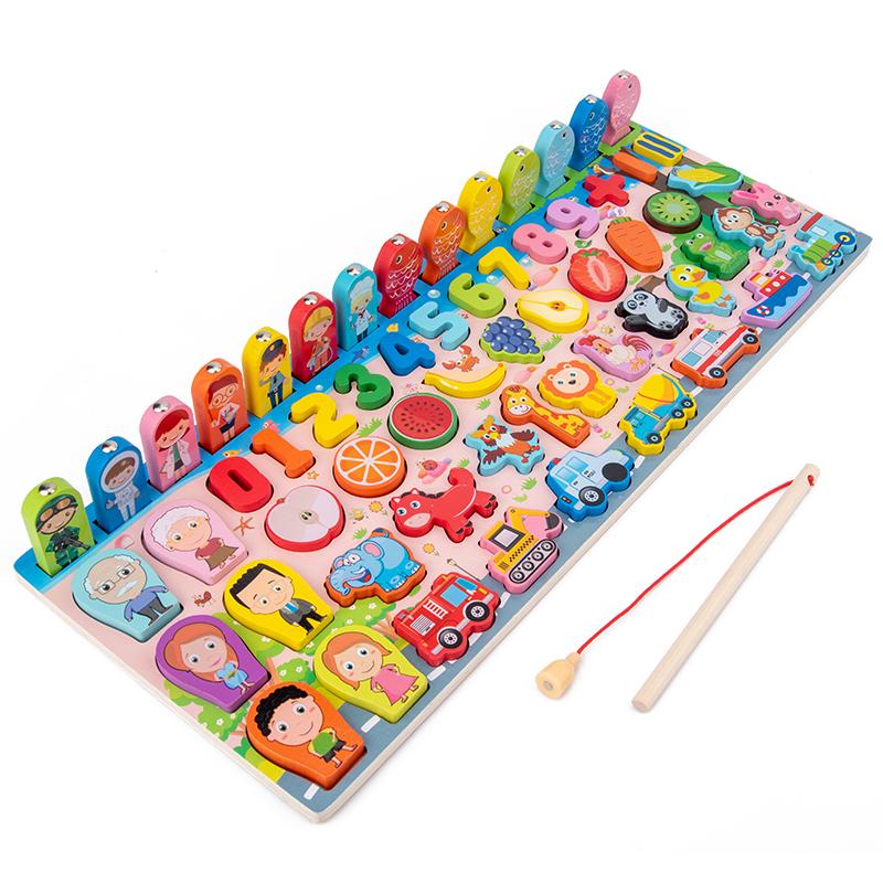 3D Preschool Children Educational Toys Wooden Montessori Arithmetic Magnetic Fishing Digital Shape Matching Building Block Toys