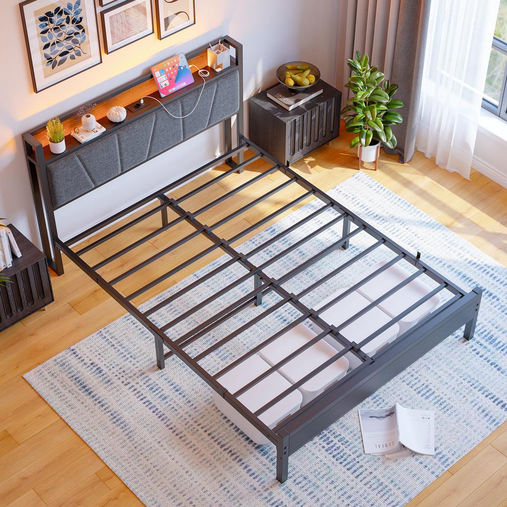 140x200cm Bed Frame with LED Lights, Storage Headboard with USB Charging, Heavy Duty Metal Slat Support, Noise-free, Assembly, No Box Spring Required