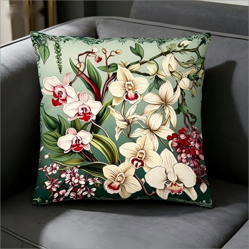 Orchid Flower Print Throw Pillow Cover, Vintage Floral Art Decorative Cushion Case For Sofa Bedroom
