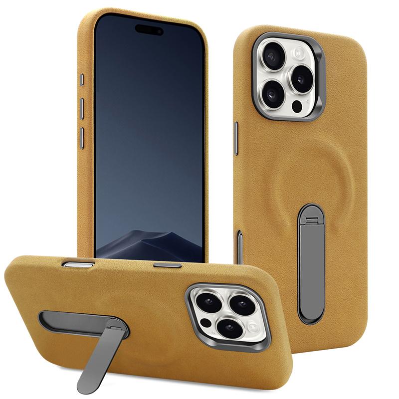 Luxury Magsafe Suede PU Leather Phone Case for iPhone 15 Pro /16 Pro Max Metal Alloy Lens 360 ° Rotating Bracket Magnetic Cover
