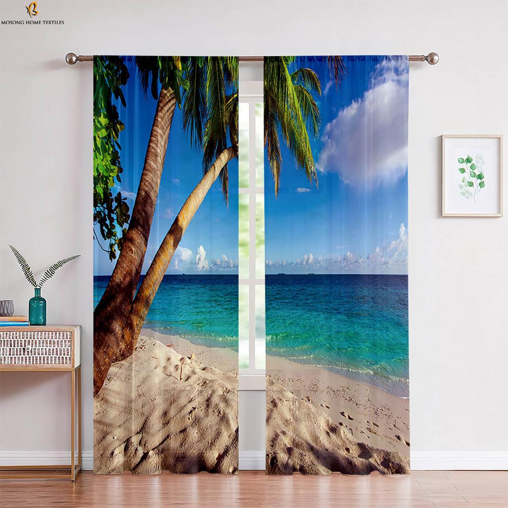 Set Of 2 Window Curtains Seaside Scenery Coconut Tree Printing Bedroom Living Room Kitchen Decorative Curtain Polyester Perfect For Sitting