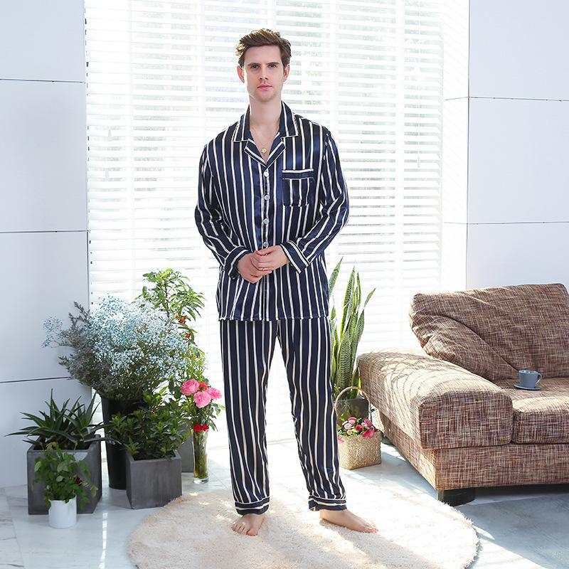 Men's Imitation Silk Striped Pajamas Set - Long-Sleeved, Autumn, Printed, Thin Homewear (Style 89011)