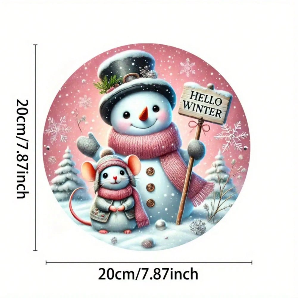 1pc Vintage Round Metal Tin Sign Pink Snowman Mouse Wreath Wall Decor Home Kitchen Indoor Outdoor Welcome Winter