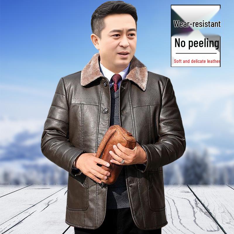 50-Year-Old Dad's Plus Velvet Thickened Leather Jacket for Middle-Aged & Elderly Men - Winter Cotton Padded Grandpa Jacket