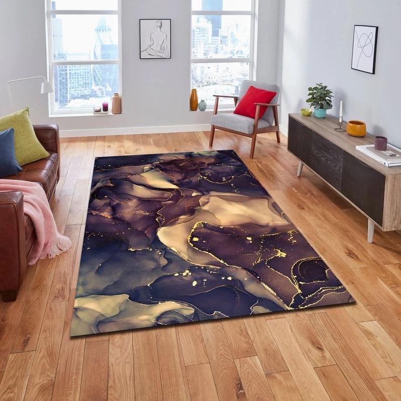 Purple Dark Blue Gold Marble Area Rug Contemporary Shimmery Design Alcohol Ink Rug for Living Room Custom Home Decoration