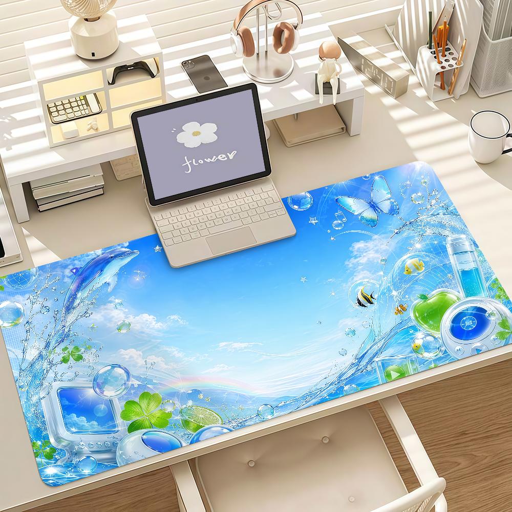 Gaming Mouse Pad Large Mat AntiSlip Stitched Edges Blue Sea Dolphin Rainbow Print Keyboard Pad For Gaming Home