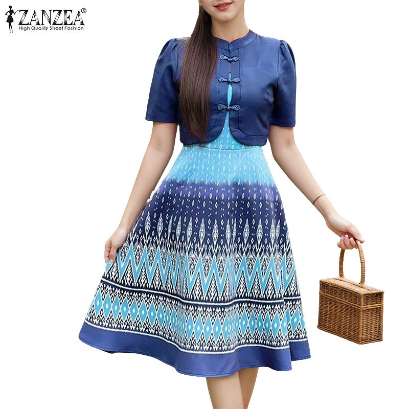 ZANZEA Women Summer Stand Collar Casual Short Sleeve Print Dress