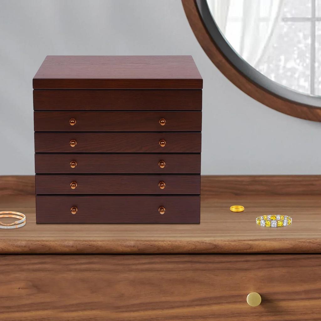 6-layer jewelry box, jewelry organizer, wooden jewelry case, large box, vintage jewelry box, large brown rectangular box