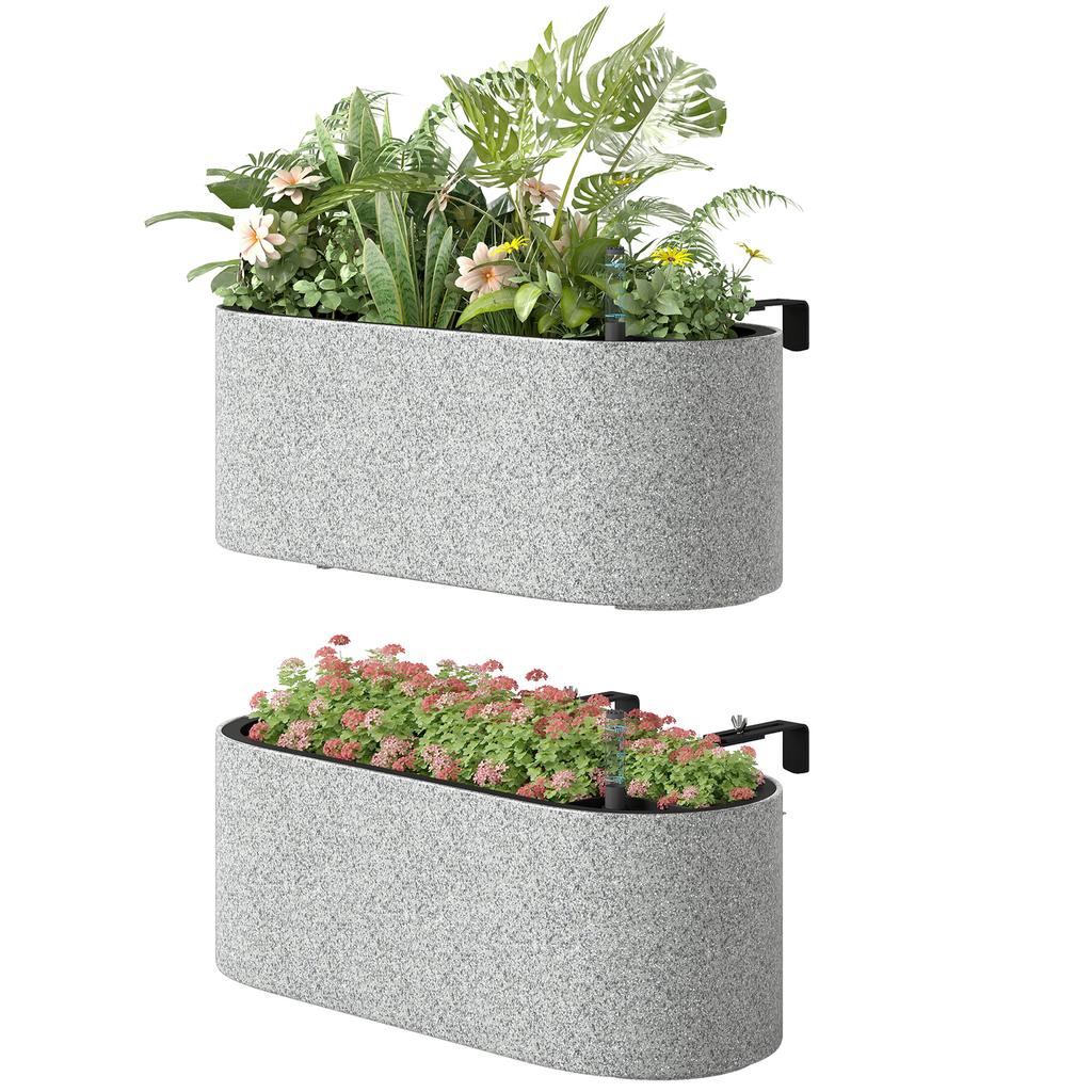 Set of 2 Hanging Flower Pots, Planters with Drainage System, Hole, Hooks, 42 x 16 x 15 cm, Light Gray