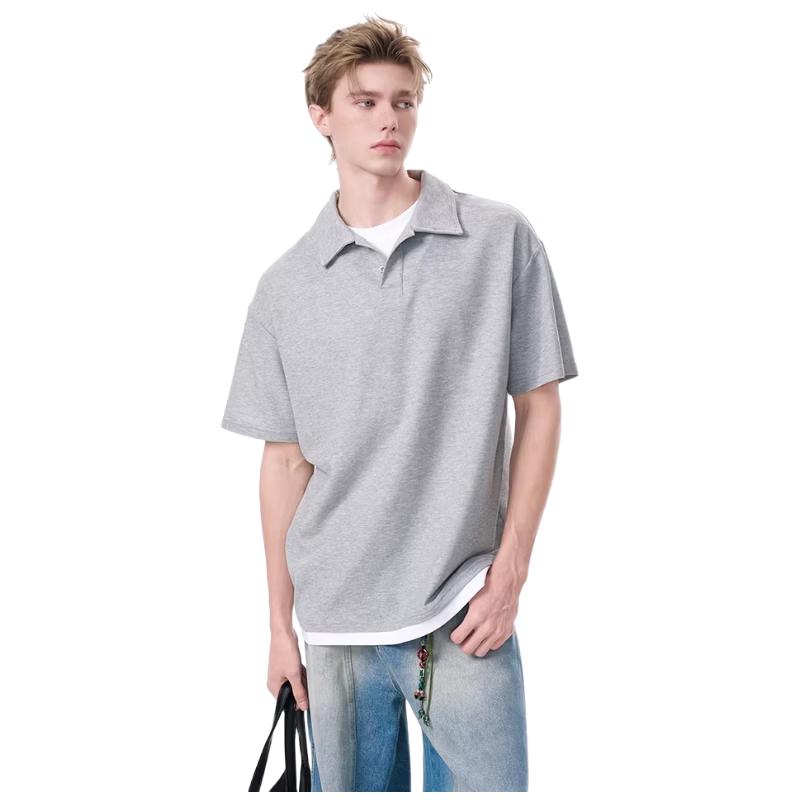 DREAM MADE Men's American Retro Faux Two-Piece Polo T-Shirt