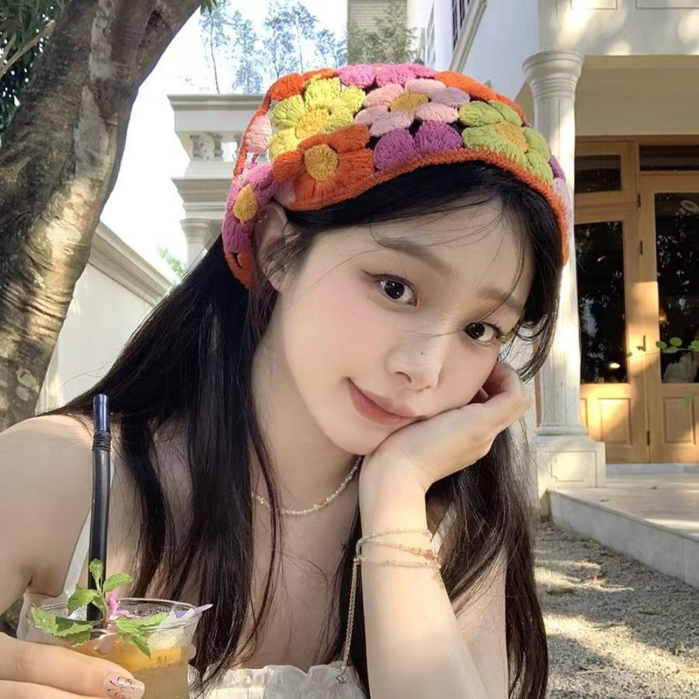 Knitted Triangle Headband Crochet Beach Vacation Headkerchief Sweet Girl Flower Headscarf