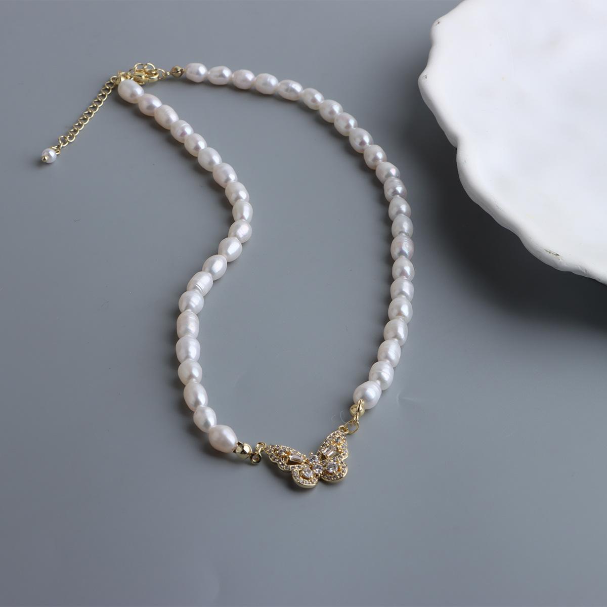 Natural Freshwater Pearl Necklace Light Luxury Full Diamond Butterfly Tassel Clavicle Chain Premium Pearl Necklace золотой