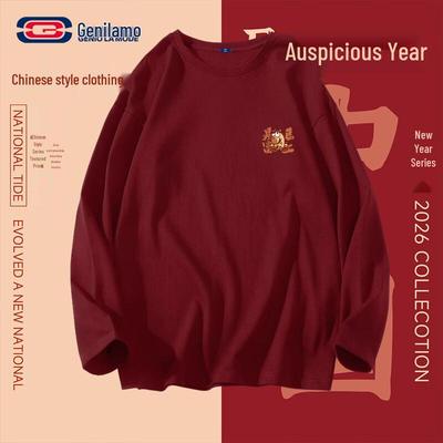GENIOLAMODE Chinese New Year Unisex Red Cotton Long Sleeve T-Shirt