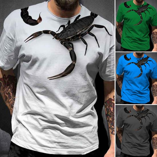Men T-shirt O Neck Breathable Easy to Match Mighty 3D Print Short Sleeves Pullover Scorpion Print Contrast Color Summer Tops Daily Clothes