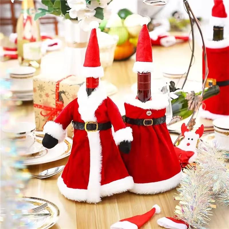 Creative Christmas Wine Bottle Set Golden Velvet Dress Wine Bottle Covers Sleeve Santa Snowman Xmas New Year Dinner Table Decor