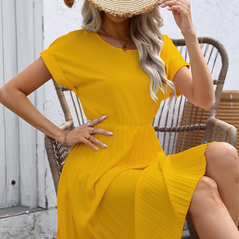 Women Mini Dress Summer Casual Solid A-line Dress Female Fashion Holiday Boho Loose Beach Elegant Elastic Waist Pleated Dress