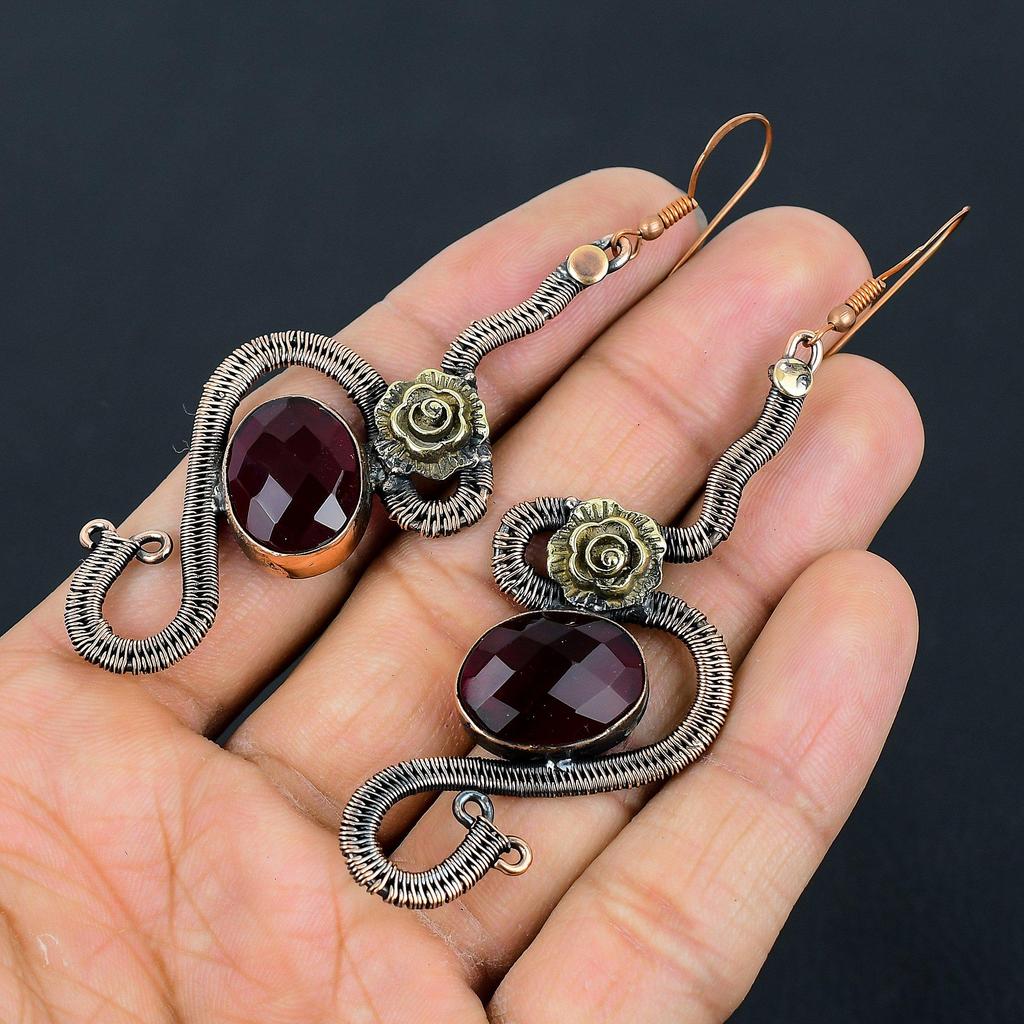 Faceted Garnet Earrings Gemstone Jewelry, 999 Copper Wire Wrapped Earrings, Handmade Beautiful Jewelry Earrings