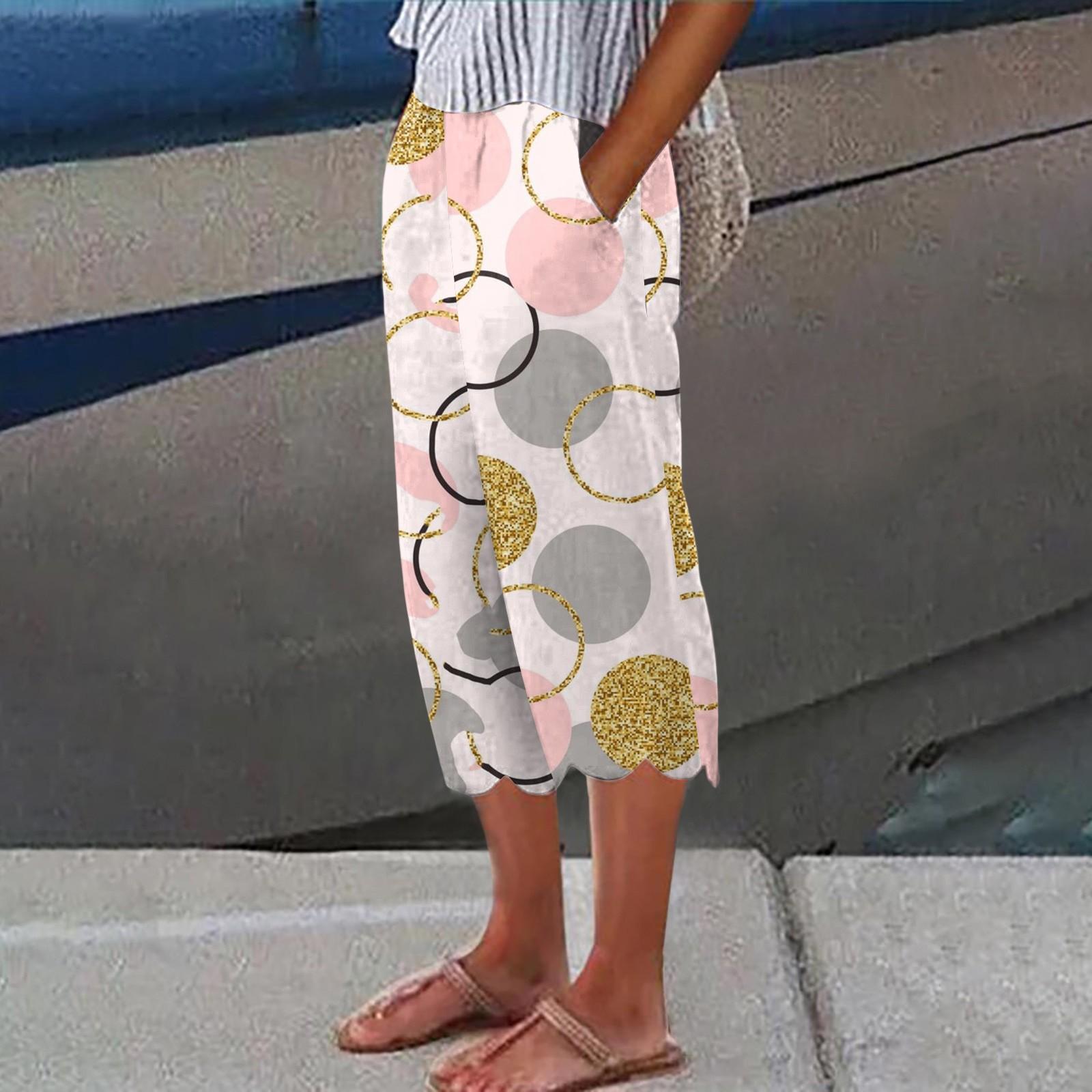 

Женские летние брюки из хлопка и льна с принтом. Женские модные свободные повседневные широкие брюки с высокой талией. Повседневные укороченные брюки. L бежевый