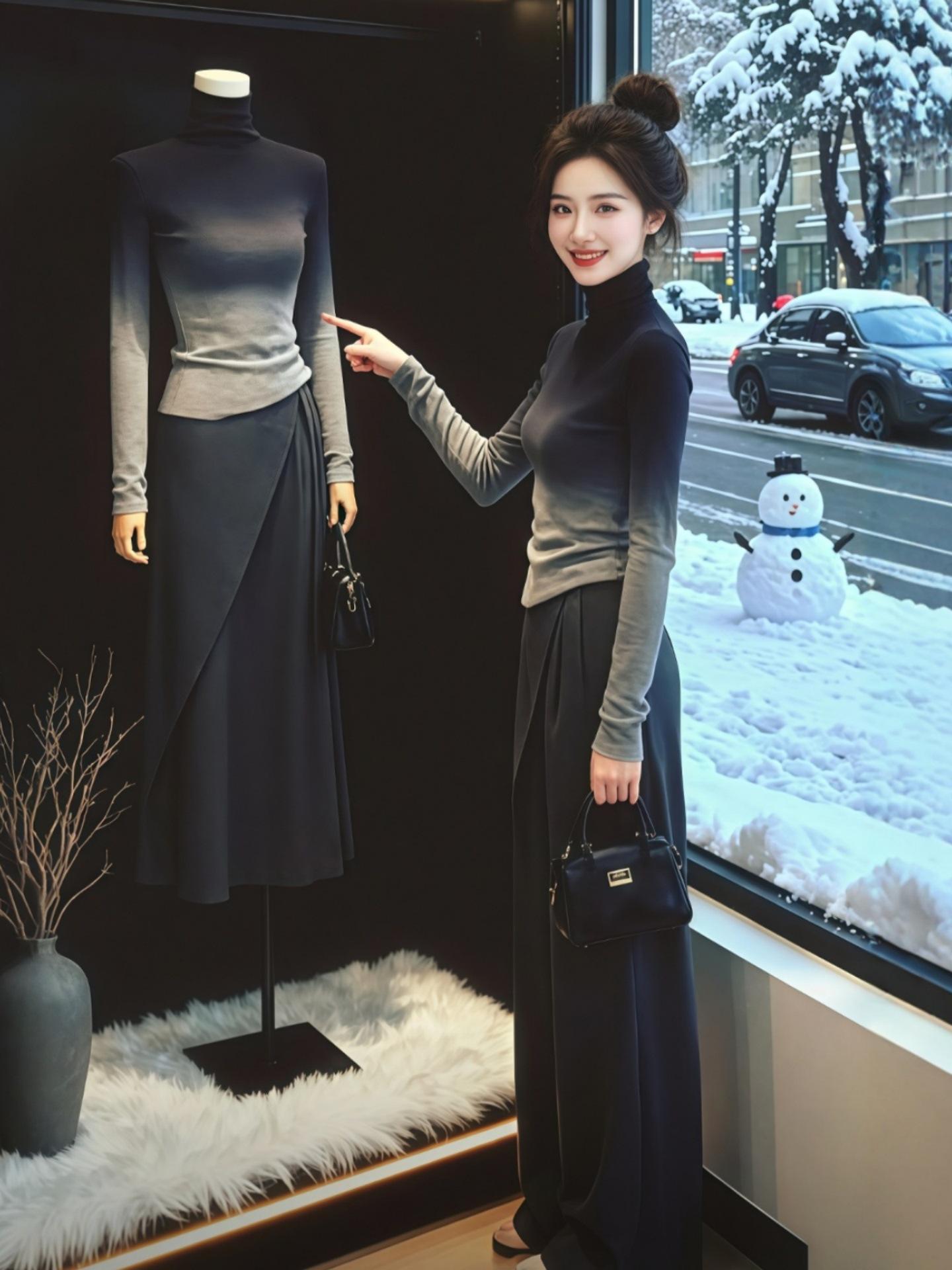 Women s 2025 Winter Slim-Fit Gradient Tie-Dye High Neck Knit Top Medium