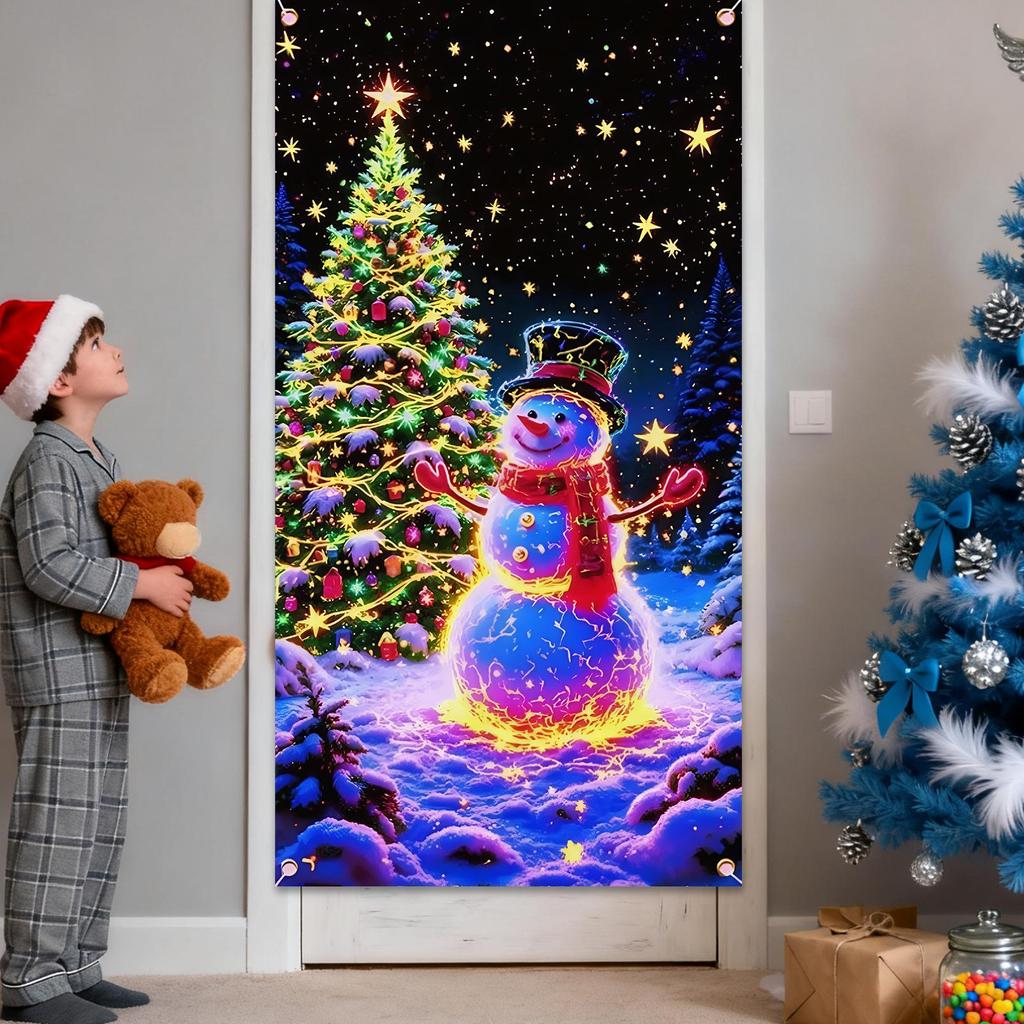 Christmas Door Banner 70x35 Inch Fluorescence Holiday Sign Christmas Front Door Decoration Cover For Porch Farmhouse Indoor